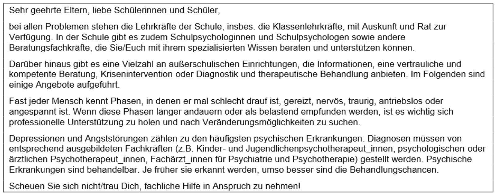 Innerschulische und außerschulische Hilfsangebote: Depression, Angst und andere psychische Erkrankungen